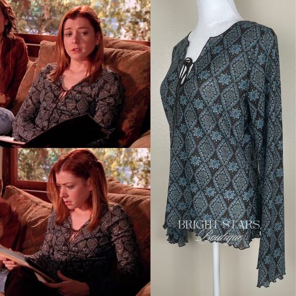 Rare Vintage Semi Sheer Print Top ASO Willow Rosenberg BtVS Y2K Boho Buffy - Picture 3 of 9